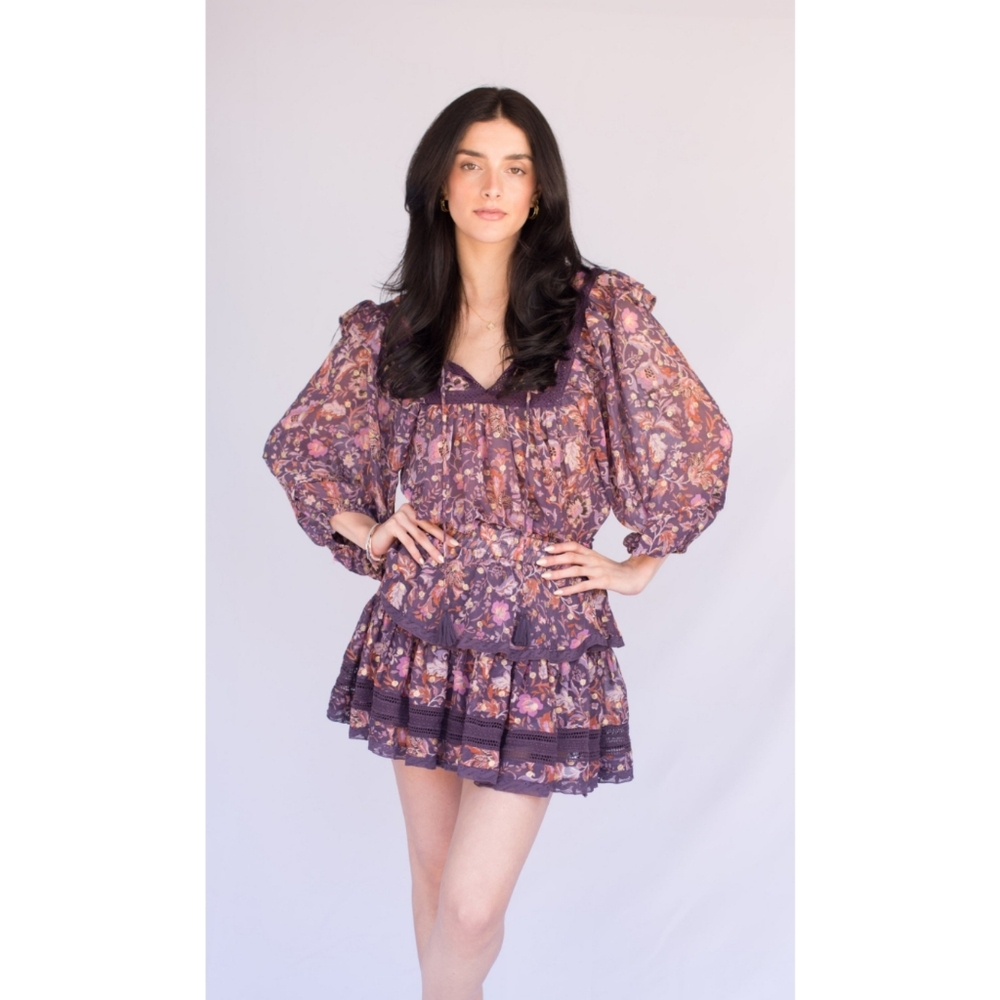 Talula Two Piece Skirt Set S/M Talaluh Floral Ruffle Boho Festival Purple Pink